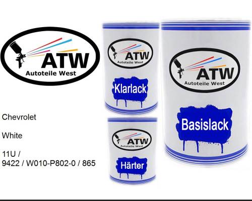 Chevrolet, White, 11U / 9422 / W010-P802-0 / 865: 500ml Lackdose + 500ml Klarlack + 250ml Härter - Set, von ATW Autoteile West.